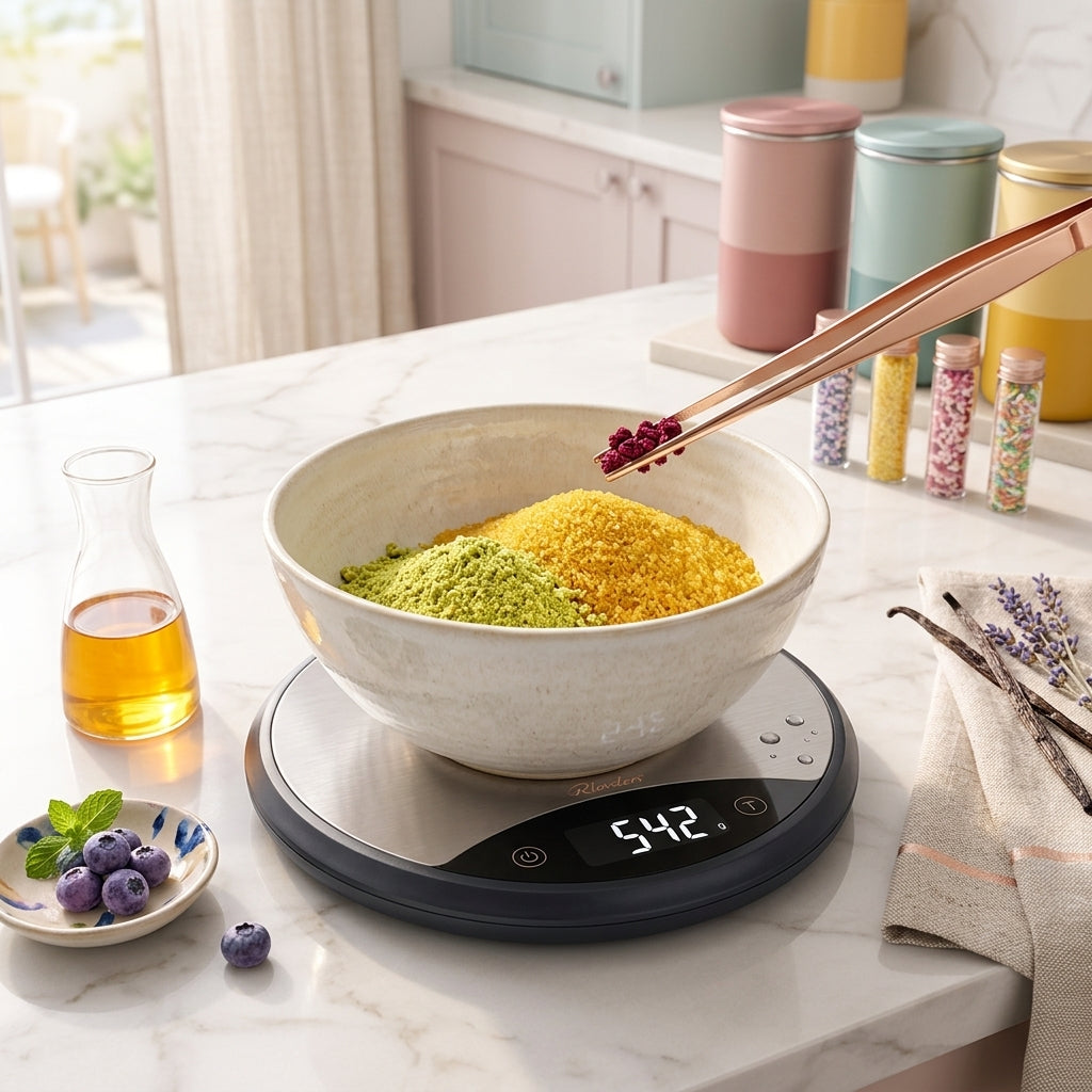 Rlovelen™ HaloBake R11 Round Digital Kitchen Scale, 11 lb Capacity, Water-Resistant Baking Food Scale with LCD Display, Tare Function & Multiple Units, Stainless Steel Weighing Surface, Batteries Included
