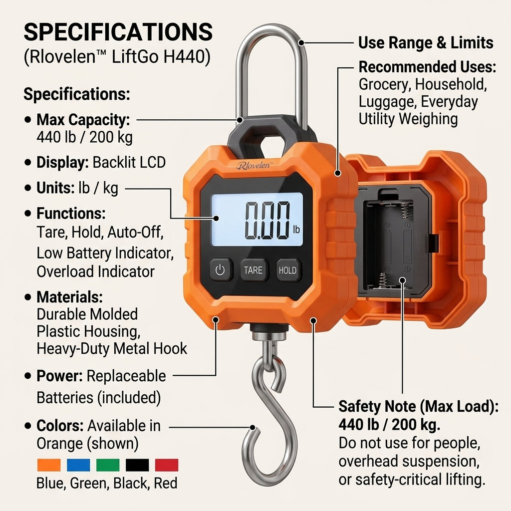 Rlovelen™ LiftGo H440 Digital Hanging Scale, 440 lb / 200 kg Capacity, Portable Handheld Hook Scale with Backlit LCD, Tare & Hold Functions for Grocery, Household, Luggage and Everyday Utility Weighing