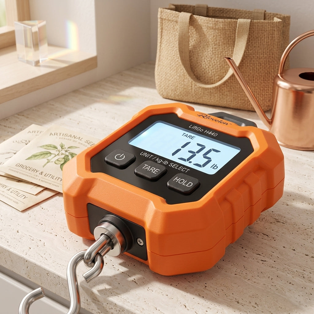 Rlovelen™ LiftGo H440 Digital Hanging Scale, 440 lb / 200 kg Capacity, Portable Handheld Hook Scale with Backlit LCD, Tare & Hold Functions for Grocery, Household, Luggage and Everyday Utility Weighing