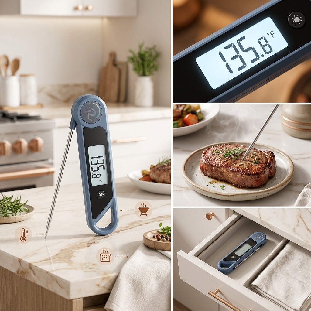 Rlovelen™ FoldSense P650 Instant Read Digital Meat Thermometer, Folding Food Temperature Probe with Backlit LCD, °F/°C Cooking Thermometer for Kitchen, BBQ, Grilling, Baking & Liquids