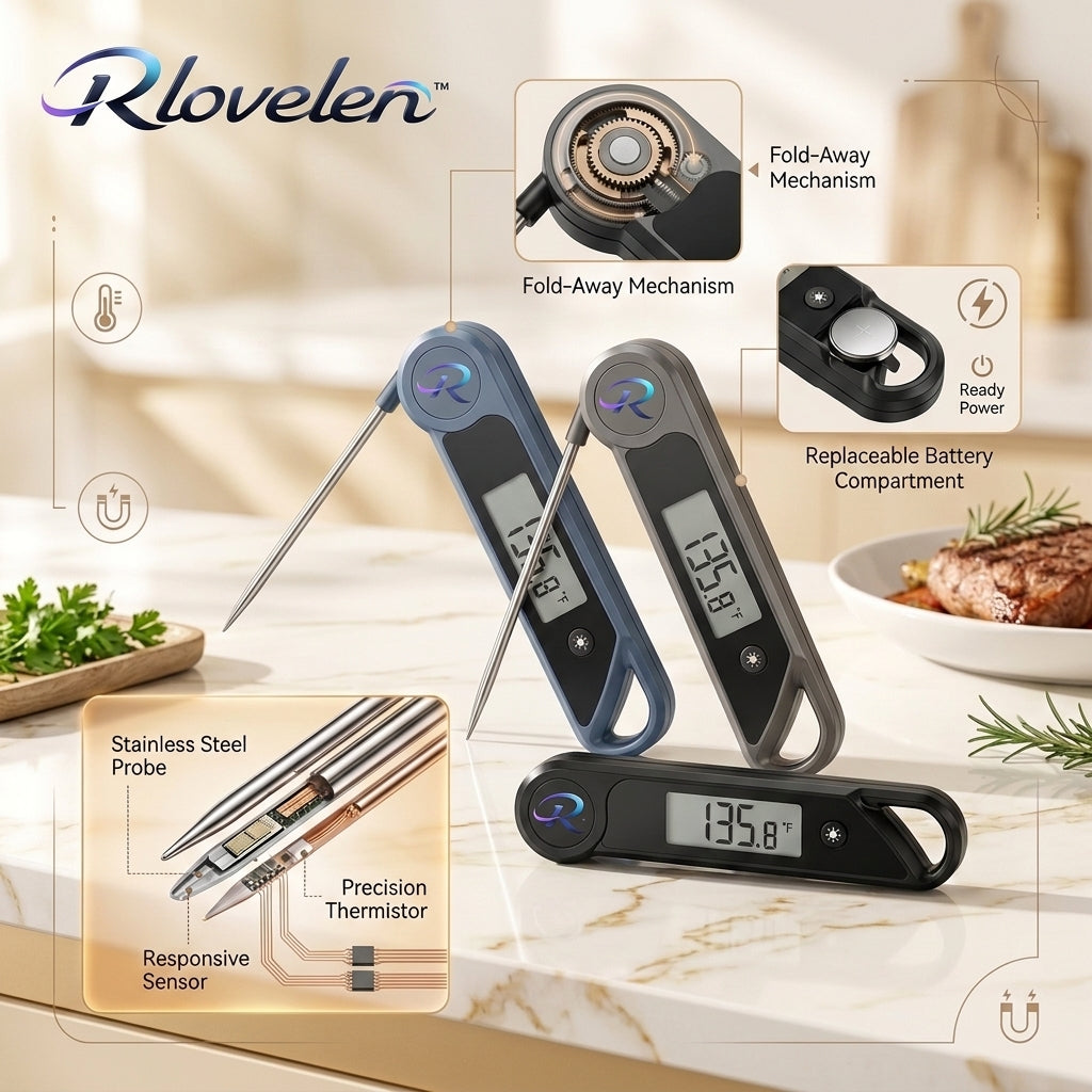 Rlovelen™ FoldSense P650 Instant Read Digital Meat Thermometer, Folding Food Temperature Probe with Backlit LCD, °F/°C Cooking Thermometer for Kitchen, BBQ, Grilling, Baking & Liquids