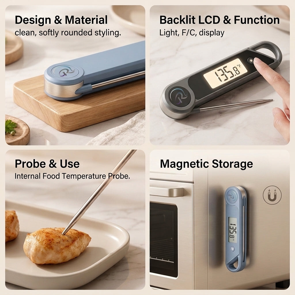Rlovelen™ FoldSense P650 Instant Read Digital Meat Thermometer, Folding Food Temperature Probe with Backlit LCD, °F/°C Cooking Thermometer for Kitchen, BBQ, Grilling, Baking & Liquids