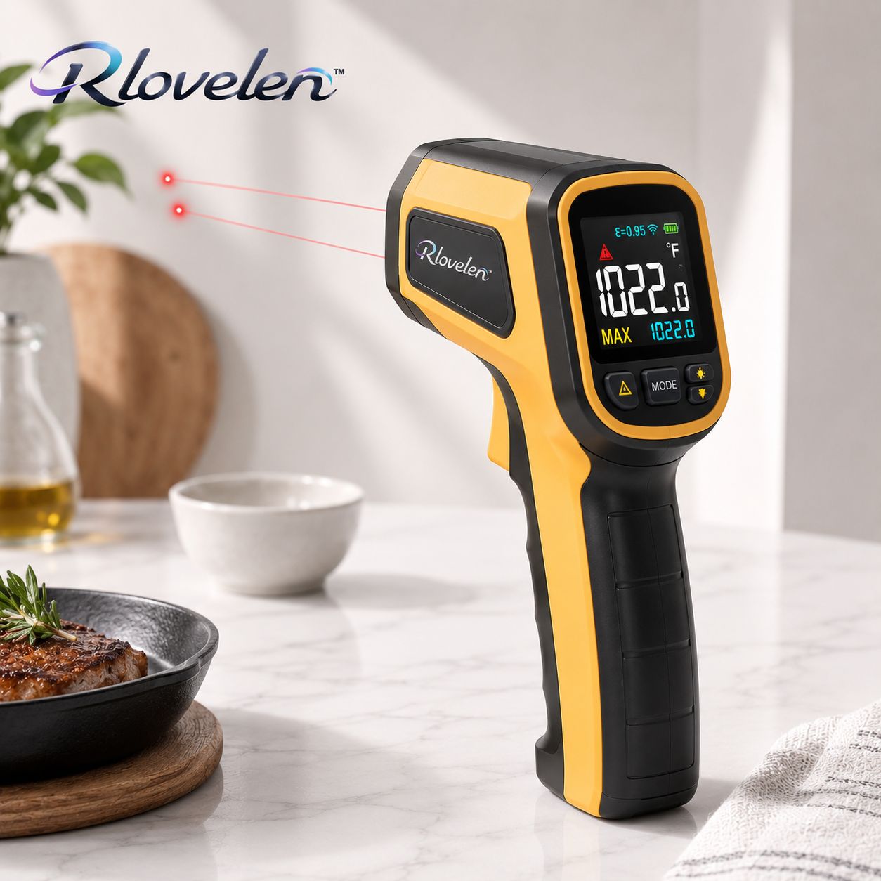 Rlovelen™ SpectrumRay C1500 Infrared Thermometer Gun with Large Color Display, Dual Laser Targeting, Adjustable Emissivity, High/Low Alert & MAX/MIN Surface Temperature Modes for Pizza Oven, Griddle, BBQ, HVAC & Automotive Use