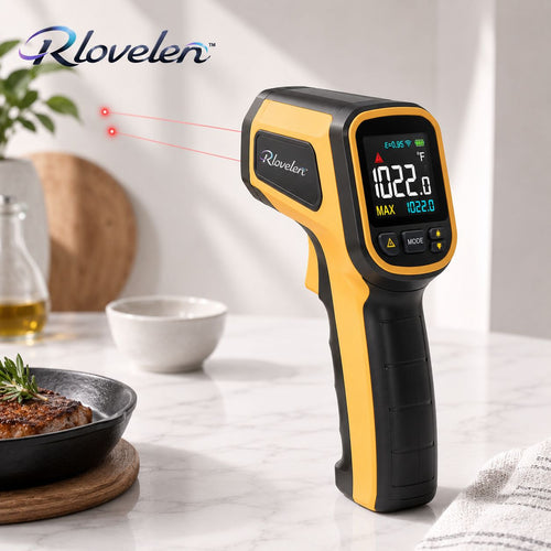 Rlovelen™ SpectrumRay C1500 Infrared Thermometer Gun with Large Color Display, Dual Laser Targeting, Adjustable Emissivity, High/Low Alert & MAX/MIN Surface Temperature Modes for Pizza Oven, Griddle, BBQ, HVAC & Automotive Use
