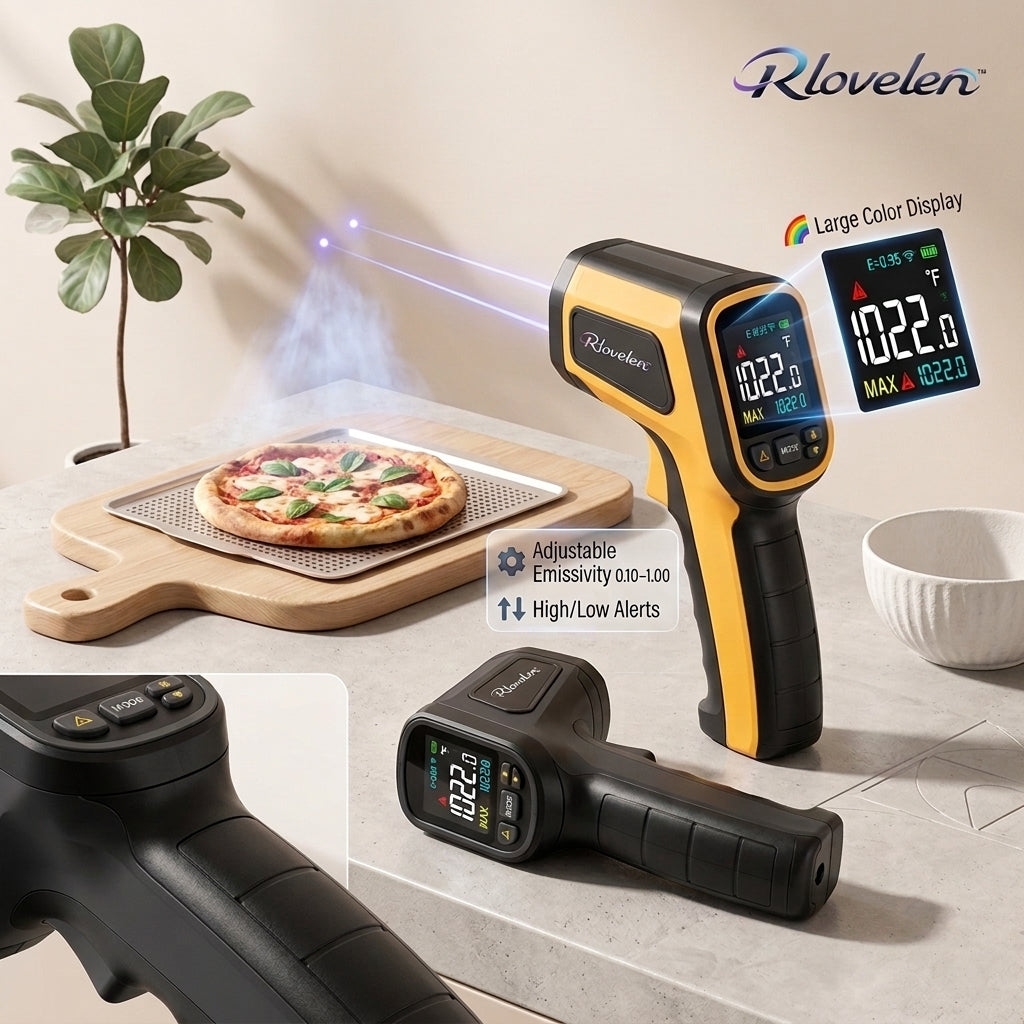 Rlovelen™ SpectrumRay C1500 Infrared Thermometer Gun with Large Color Display, Dual Laser Targeting, Adjustable Emissivity, High/Low Alert & MAX/MIN Surface Temperature Modes for Pizza Oven, Griddle, BBQ, HVAC & Automotive Use
