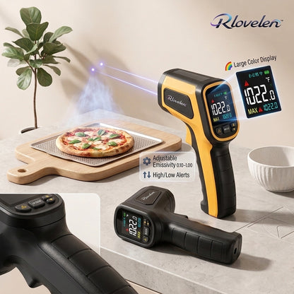Rlovelen™ SpectrumRay C1500 Infrared Thermometer Gun with Large Color Display, Dual Laser Targeting, Adjustable Emissivity, High/Low Alert & MAX/MIN Surface Temperature Modes for Pizza Oven, Griddle, BBQ, HVAC & Automotive Use