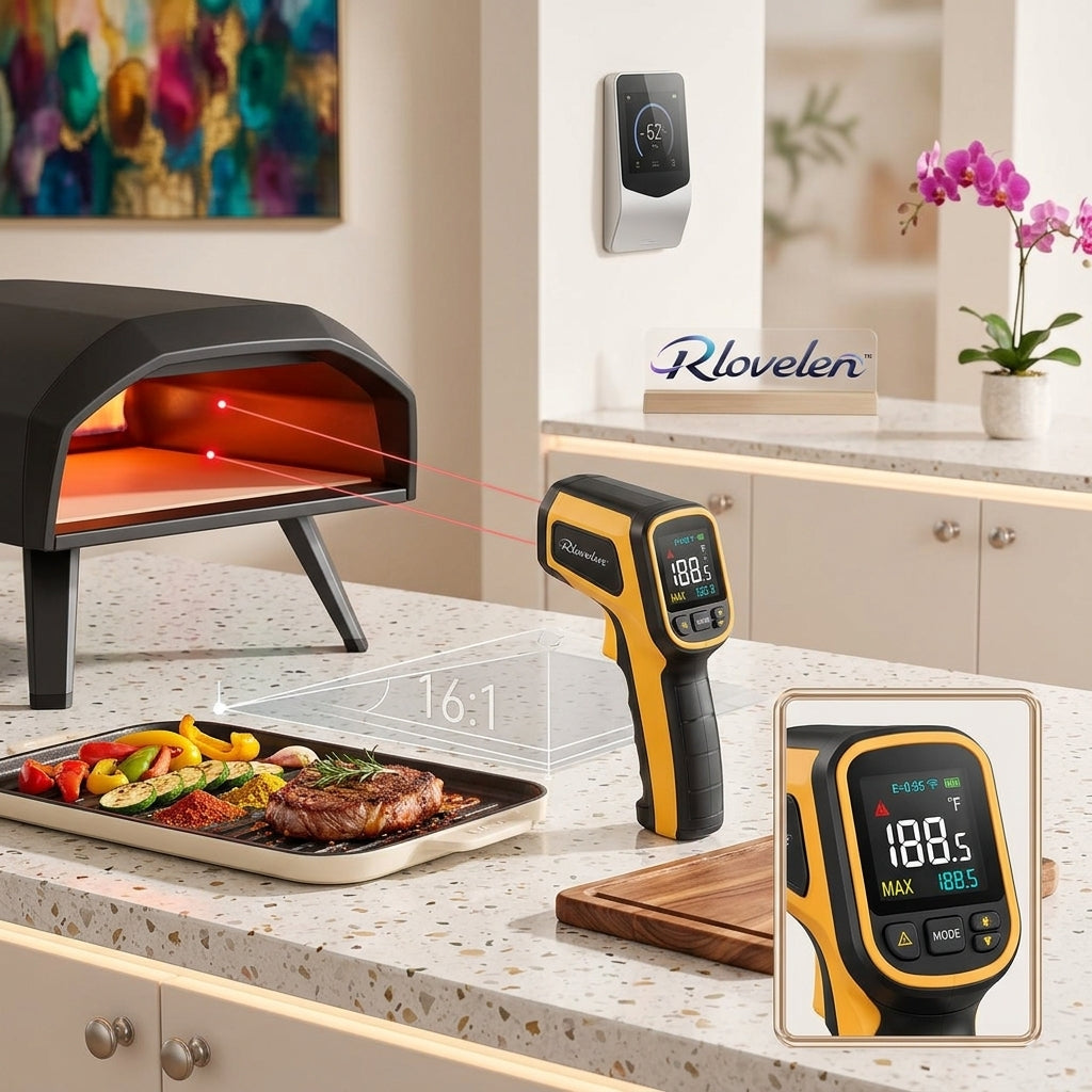 Rlovelen™ SpectrumRay C1500 Infrared Thermometer Gun with Large Color Display, Dual Laser Targeting, Adjustable Emissivity, High/Low Alert & MAX/MIN Surface Temperature Modes for Pizza Oven, Griddle, BBQ, HVAC & Automotive Use
