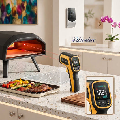 Rlovelen™ SpectrumRay C1500 Infrared Thermometer Gun with Large Color Display, Dual Laser Targeting, Adjustable Emissivity, High/Low Alert & MAX/MIN Surface Temperature Modes for Pizza Oven, Griddle, BBQ, HVAC & Automotive Use
