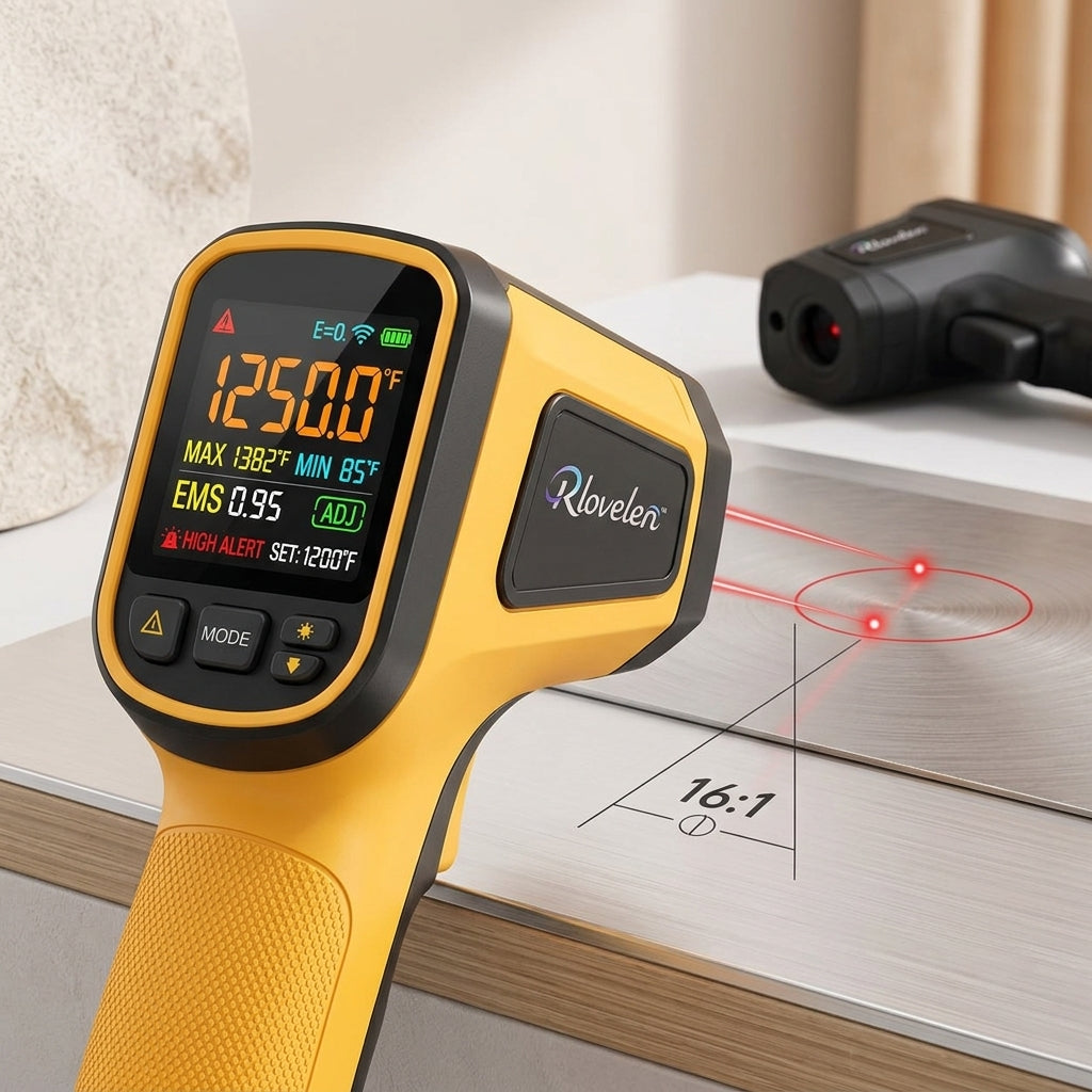 Rlovelen™ SpectrumRay C1500 Infrared Thermometer Gun with Large Color Display, Dual Laser Targeting, Adjustable Emissivity, High/Low Alert & MAX/MIN Surface Temperature Modes for Pizza Oven, Griddle, BBQ, HVAC & Automotive Use
