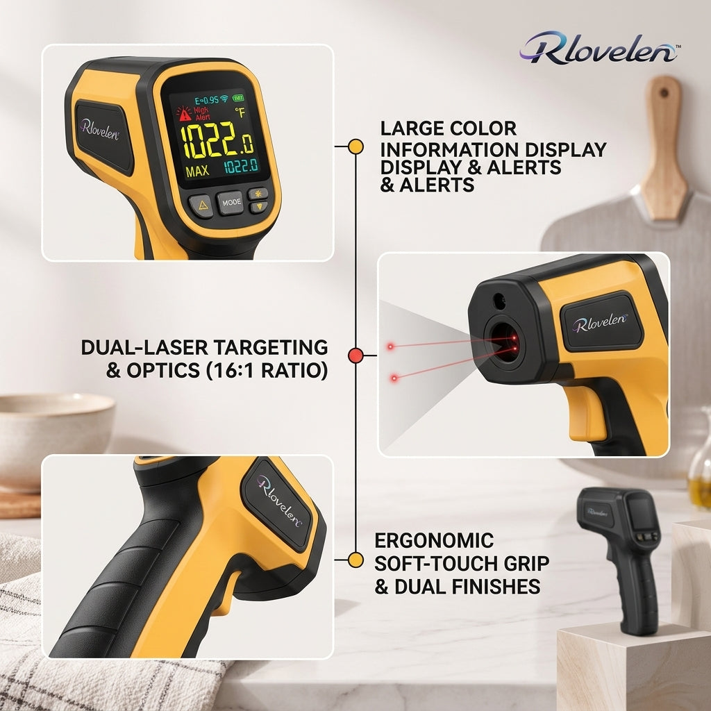 Rlovelen™ SpectrumRay C1500 Infrared Thermometer Gun with Large Color Display, Dual Laser Targeting, Adjustable Emissivity, High/Low Alert & MAX/MIN Surface Temperature Modes for Pizza Oven, Griddle, BBQ, HVAC & Automotive Use