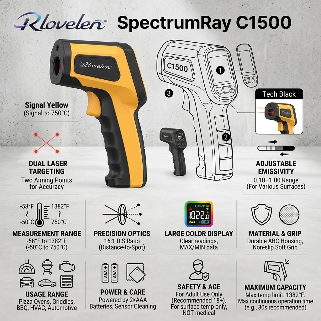 Rlovelen™ SpectrumRay C1500 Infrared Thermometer Gun with Large Color Display, Dual Laser Targeting, Adjustable Emissivity, High/Low Alert & MAX/MIN Surface Temperature Modes for Pizza Oven, Griddle, BBQ, HVAC & Automotive Use