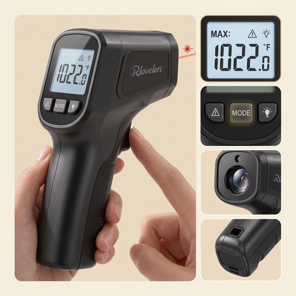 Rlovelen™ SurfaceRay I1050 Infrared Thermometer Gun, Non-Contact Laser Surface Temperature Reader with Adjustable Emissivity, Backlit LCD & MAX Hold for Pizza Oven, Griddle, BBQ, Kitchen, HVAC & Automotive Checks
