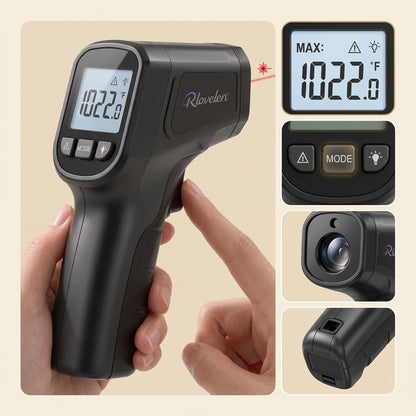 Rlovelen™ SurfaceRay I1050 Infrared Thermometer Gun, Non-Contact Laser Surface Temperature Reader with Adjustable Emissivity, Backlit LCD & MAX Hold for Pizza Oven, Griddle, BBQ, Kitchen, HVAC & Automotive Checks