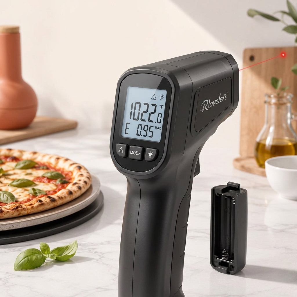 Rlovelen™ SurfaceRay I1050 Infrared Thermometer Gun, Non-Contact Laser Surface Temperature Reader with Adjustable Emissivity, Backlit LCD & MAX Hold for Pizza Oven, Griddle, BBQ, Kitchen, HVAC & Automotive Checks