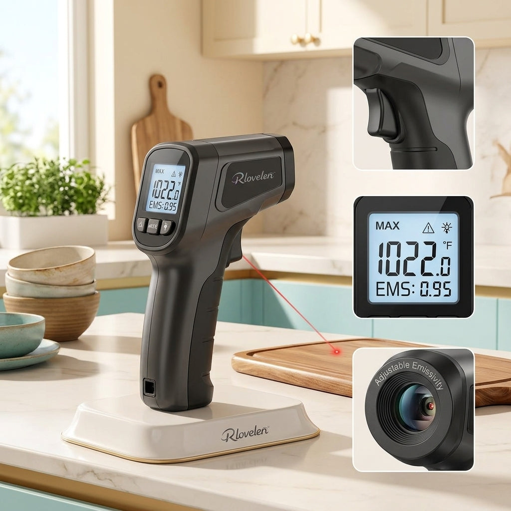 Rlovelen™ SurfaceRay I1050 Infrared Thermometer Gun, Non-Contact Laser Surface Temperature Reader with Adjustable Emissivity, Backlit LCD & MAX Hold for Pizza Oven, Griddle, BBQ, Kitchen, HVAC & Automotive Checks