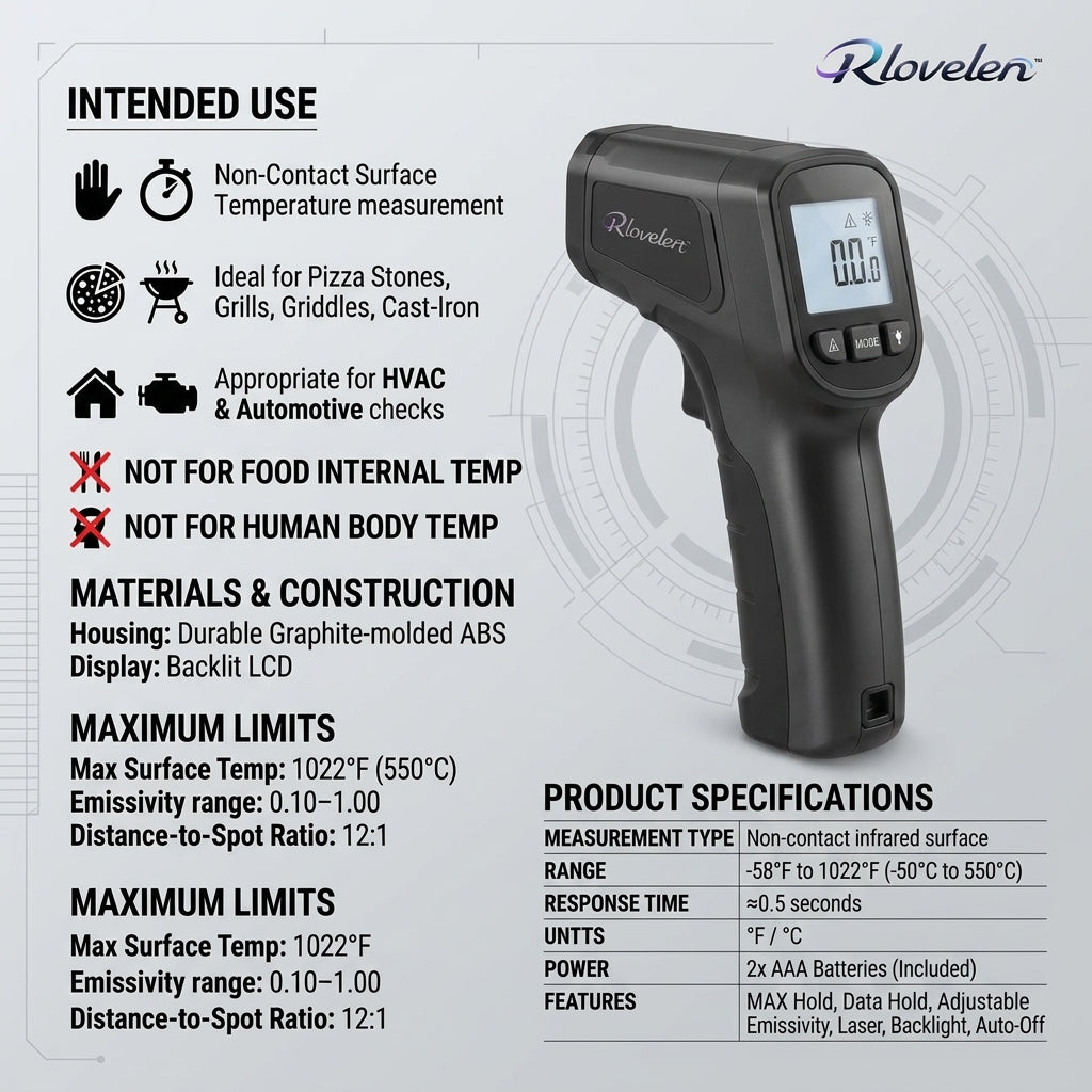 Rlovelen™ SurfaceRay I1050 Infrared Thermometer Gun, Non-Contact Laser Surface Temperature Reader with Adjustable Emissivity, Backlit LCD & MAX Hold for Pizza Oven, Griddle, BBQ, Kitchen, HVAC & Automotive Checks