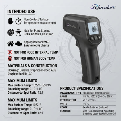 Rlovelen™ SurfaceRay I1050 Infrared Thermometer Gun, Non-Contact Laser Surface Temperature Reader with Adjustable Emissivity, Backlit LCD & MAX Hold for Pizza Oven, Griddle, BBQ, Kitchen, HVAC & Automotive Checks